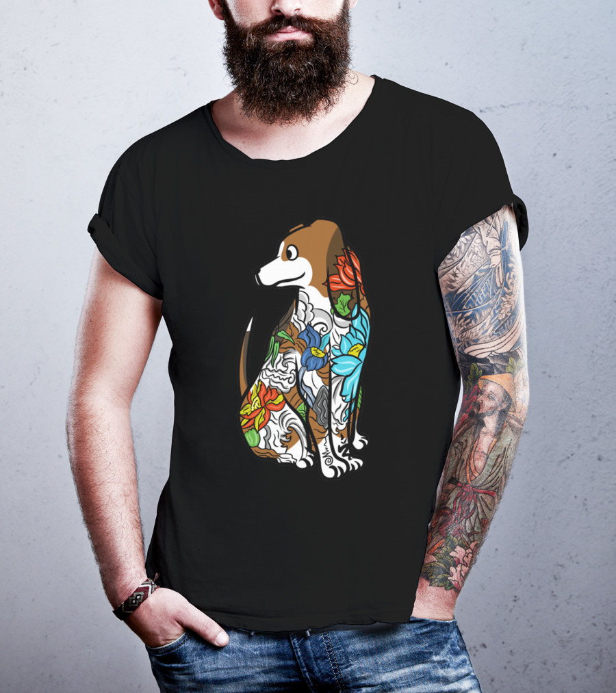 Basset Hound Tattoo Floral Art Design With Vibrant Colors T-Shirt