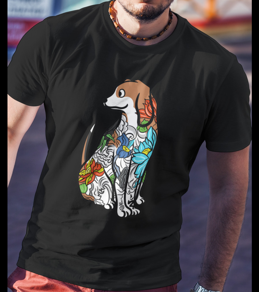Beagle With Vibrant Floral Tattoo T-Shirt