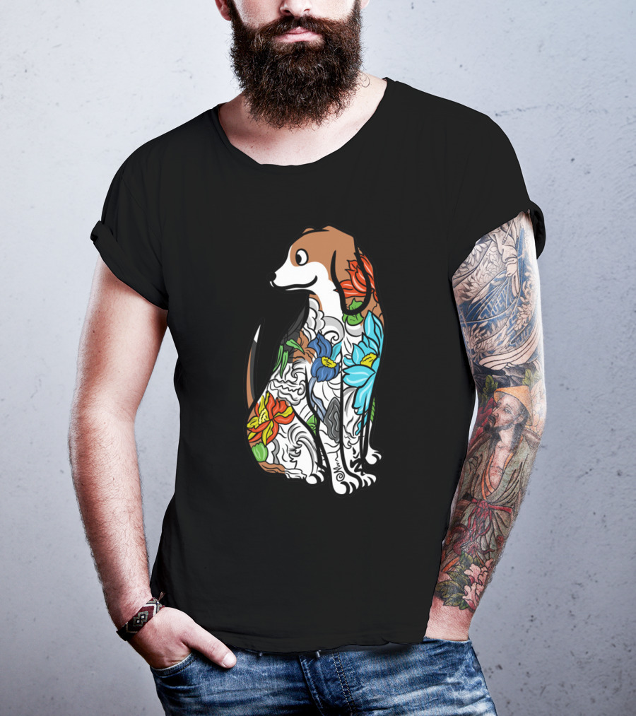 Beagle With Vibrant Floral Tattoo T-Shirt
