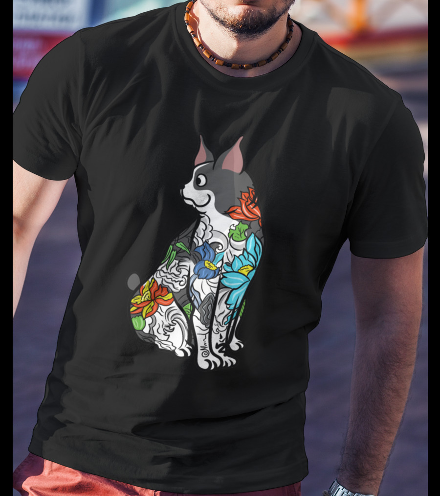 Boston Terrier With Colorful Floral Tattoo T-Shirt