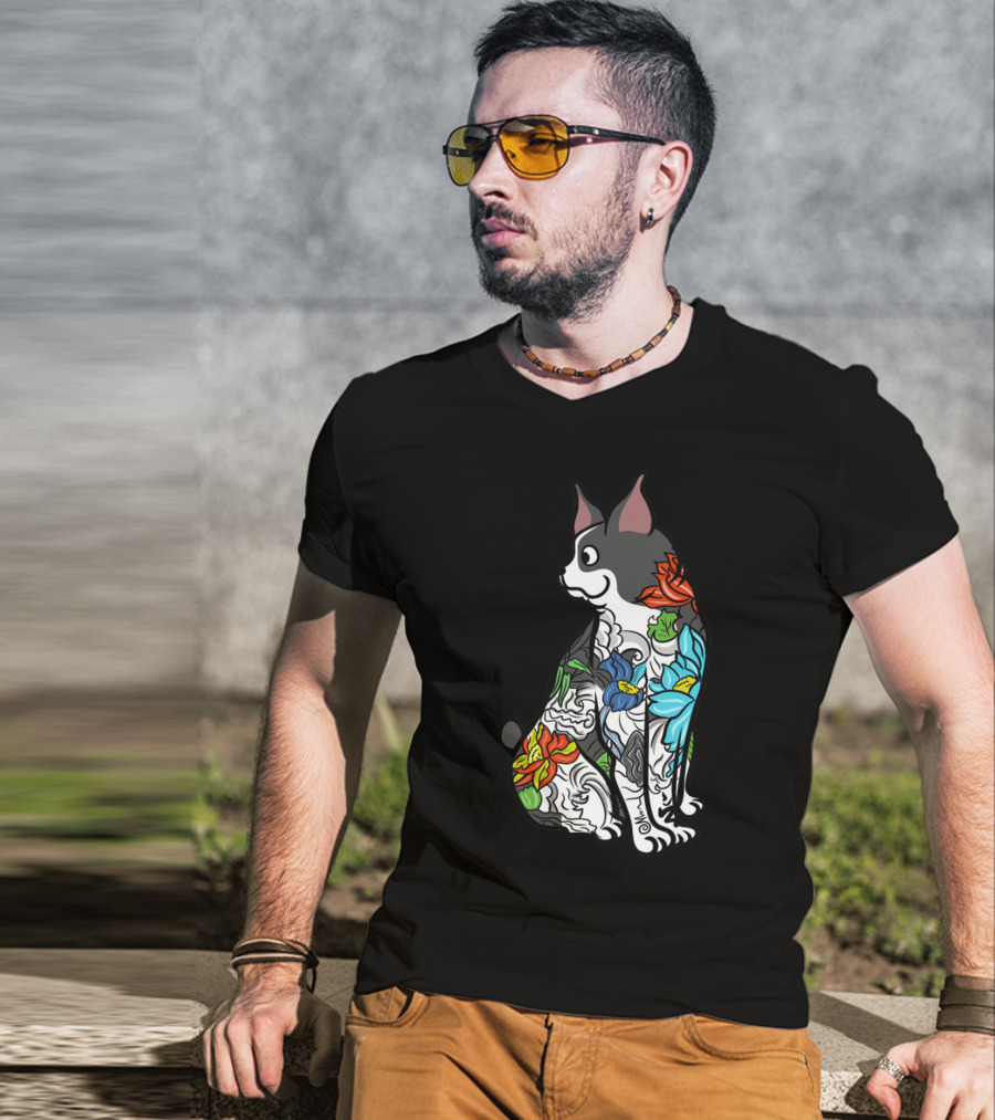 Boston Terrier With Colorful Floral Tattoo T-Shirt
