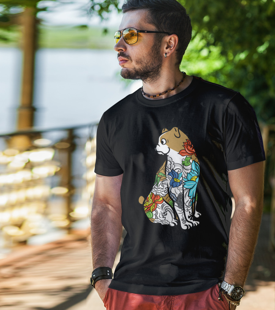 Bulldog Tattoo Floral Pattern Colorful T-Shirt