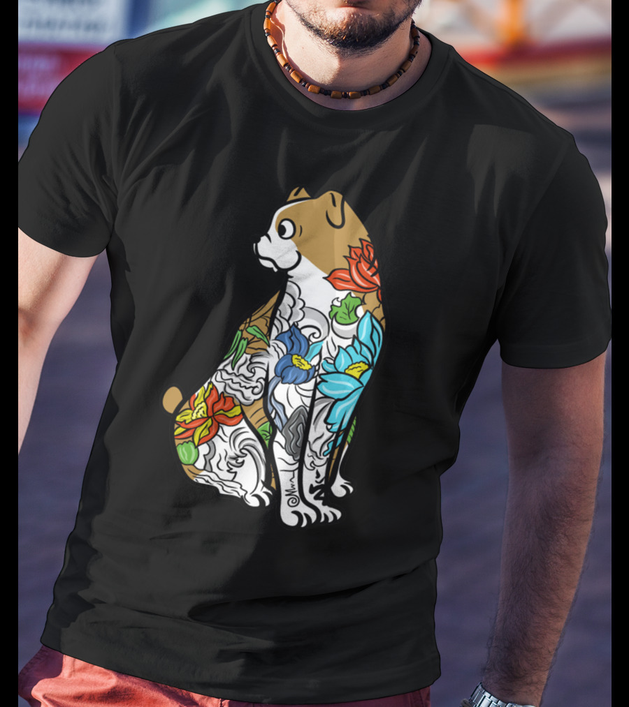 Bulldog Tattoo Floral Pattern Colorful T-Shirt
