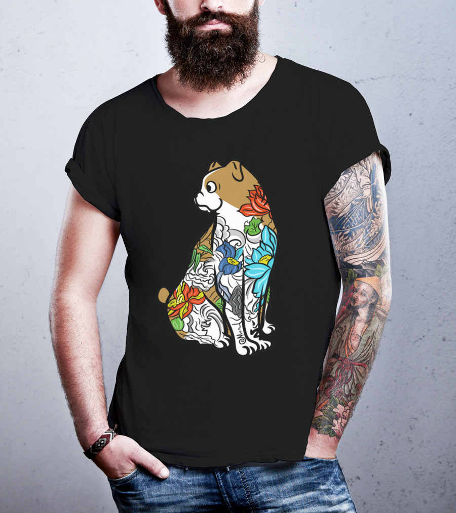 Bulldog Tattoo Floral Pattern Colorful T-Shirt