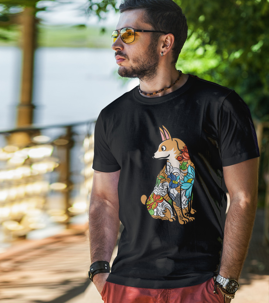 Corgi With Colorful Floral Tattoo T-Shirt