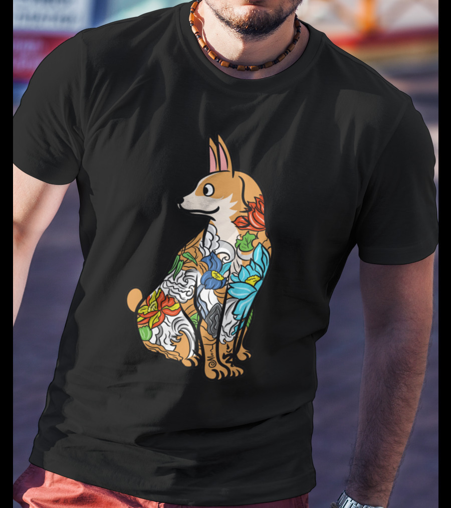 Corgi With Colorful Floral Tattoo T-Shirt