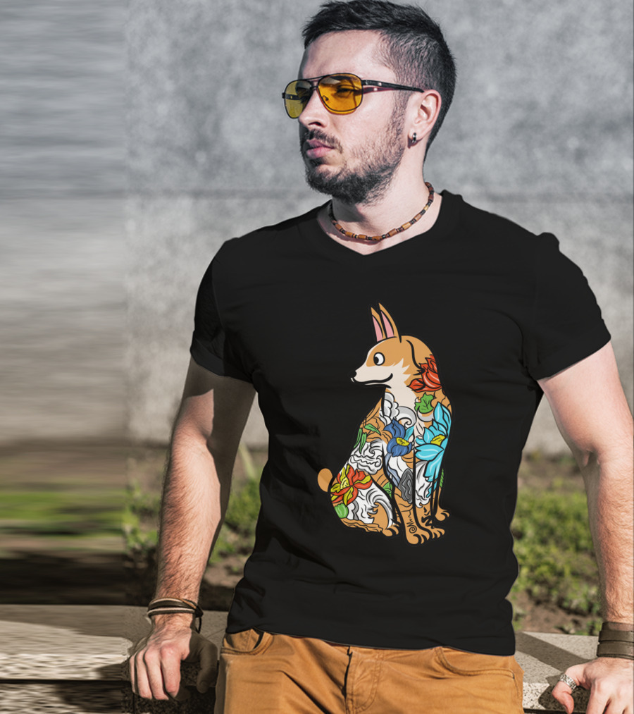 Corgi With Colorful Floral Tattoo T-Shirt