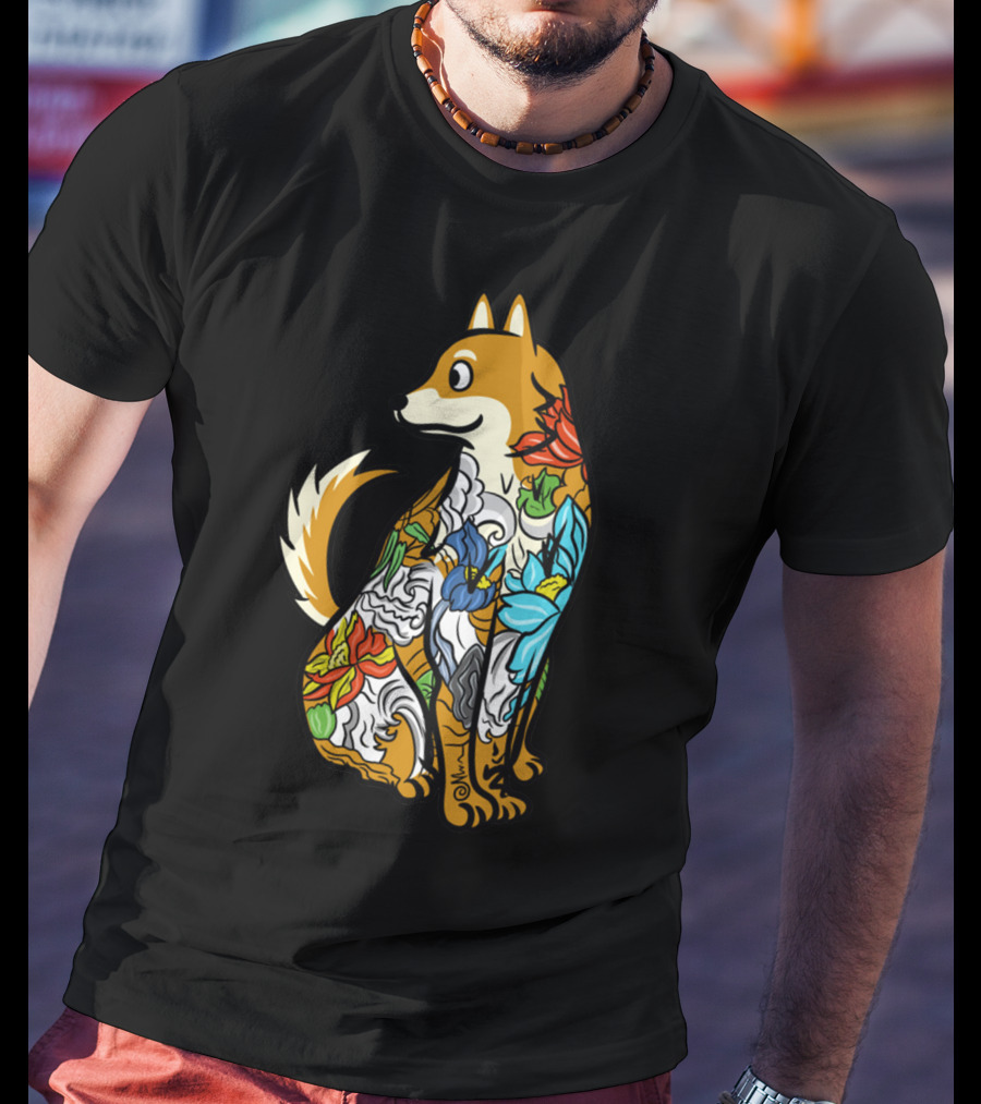 Shiba Inu Tattoo Colorful Floral T-Shirt