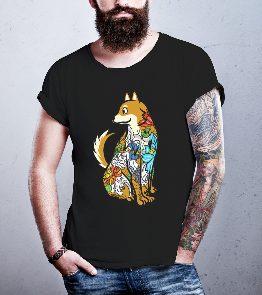 Shiba Inu Tattoo Colorful Floral T-Shirt