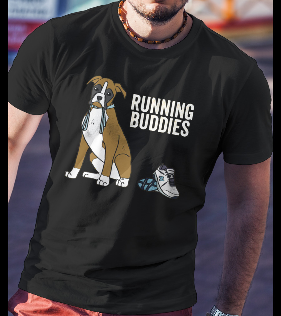 Boxer With Shoe And Running Buddies Text T-Shirt