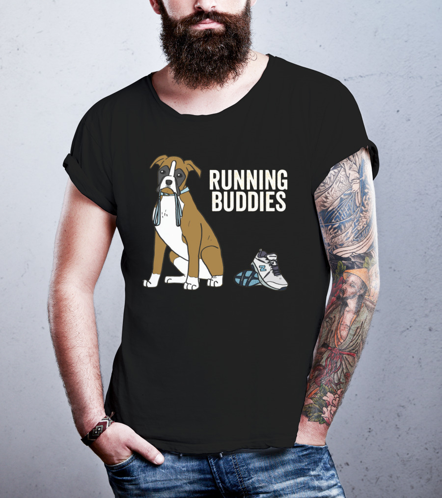 Boxer With Shoe And Running Buddies Text T-Shirt