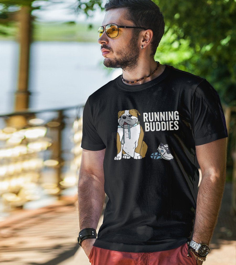 Bulldog And Sneakers Running Buddies With Leash And Shoe Companion T-Shirt