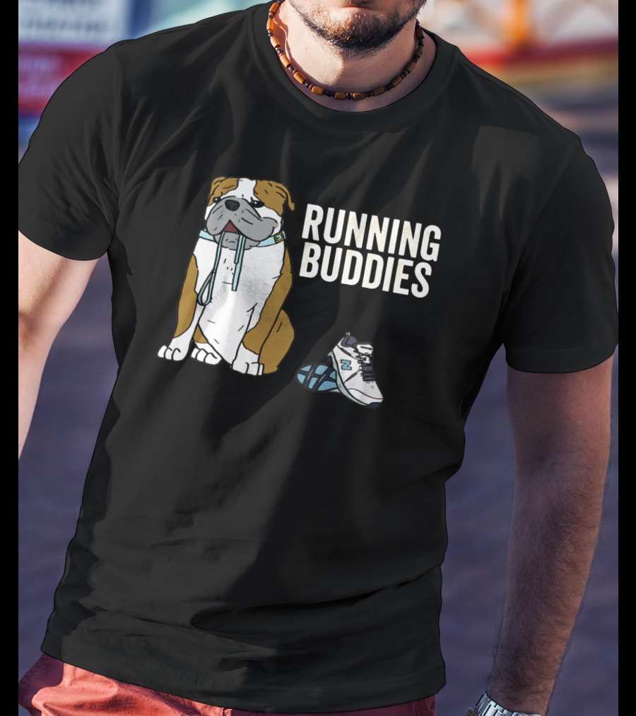 Bulldog And Sneakers Running Buddies With Leash And Shoe Companion T-Shirt