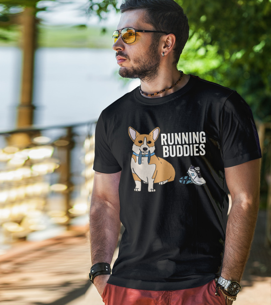 Corgi Running Buddies With Sneakers And Blue Collar T-Shirt