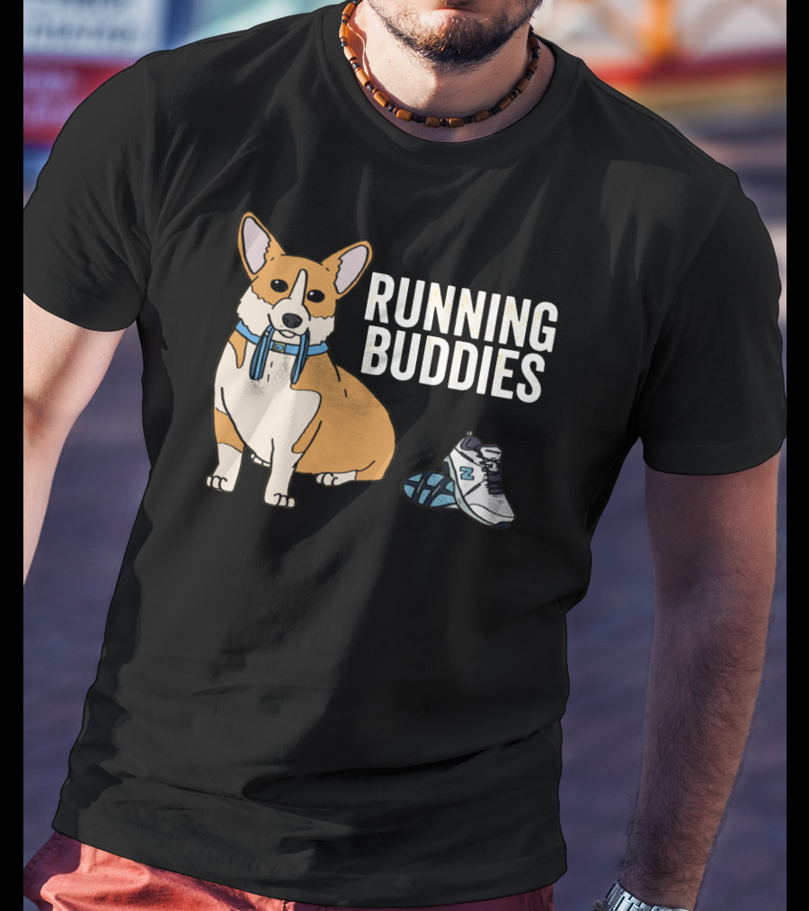Corgi Running Buddies With Sneakers And Blue Collar T-Shirt