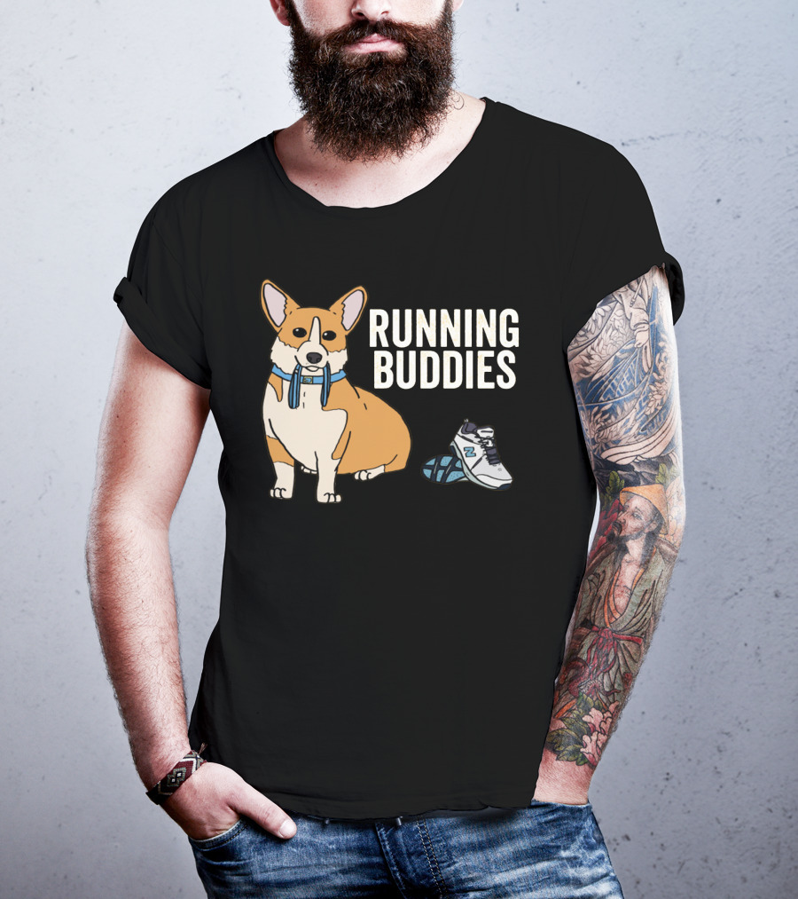 Corgi Running Buddies With Sneakers And Blue Collar T-Shirt