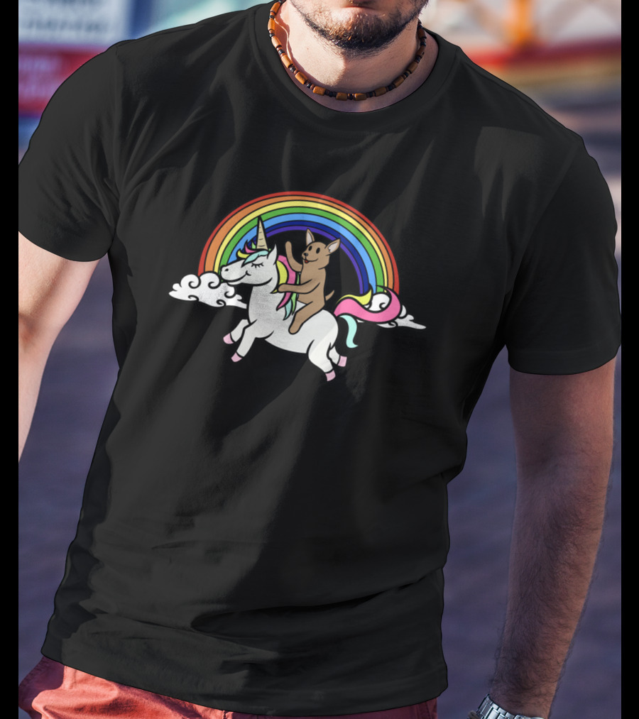 Chihuahua Joyfully Riding Unicorn Under Vibrant Rainbow T-Shirt