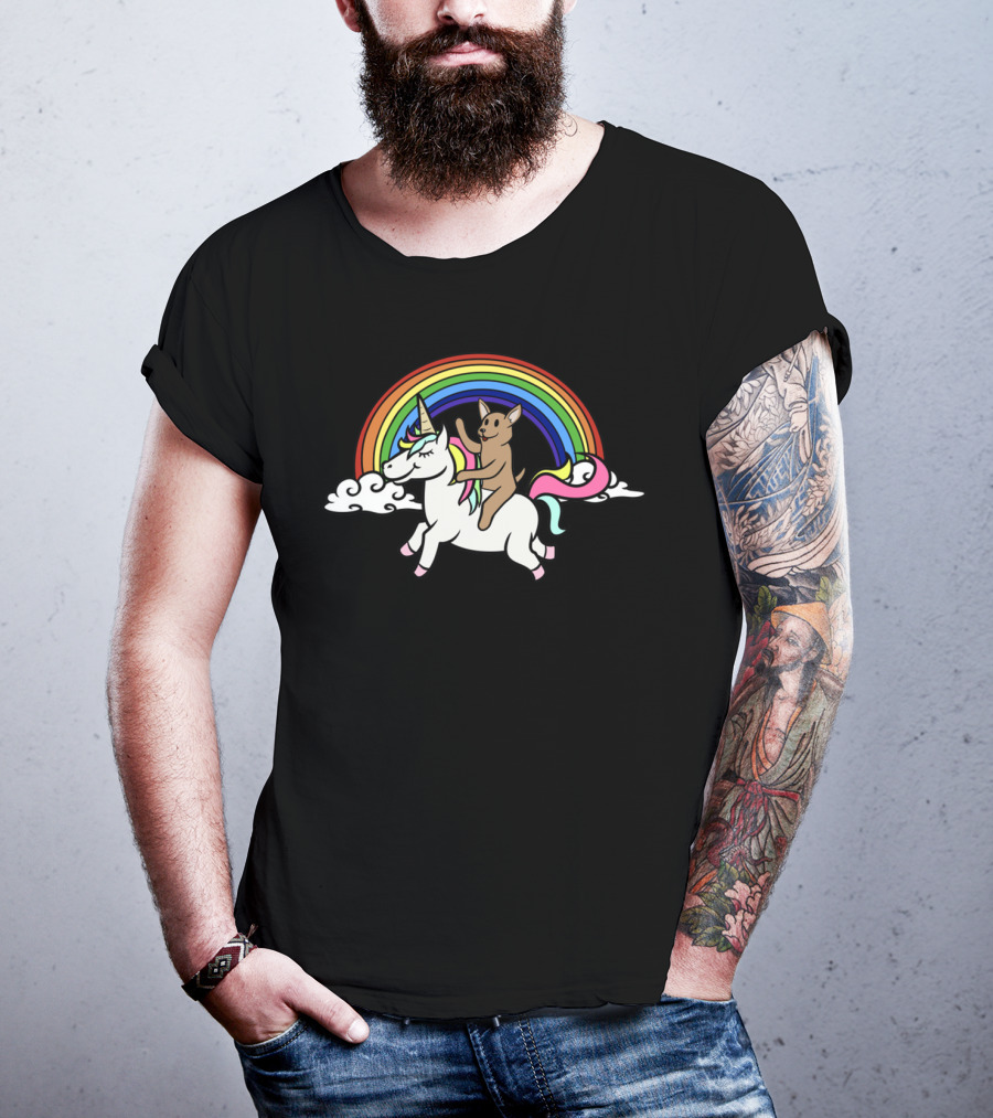 Chihuahua Joyfully Riding Unicorn Under Vibrant Rainbow T-Shirt