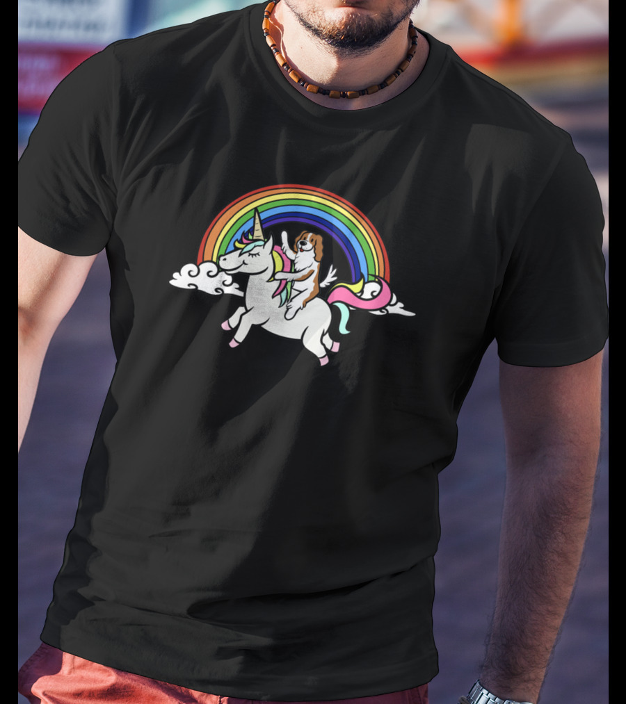 Cavalier King Charles Spaniel Riding Unicorn With Rainbow And Clouds T-Shirt
