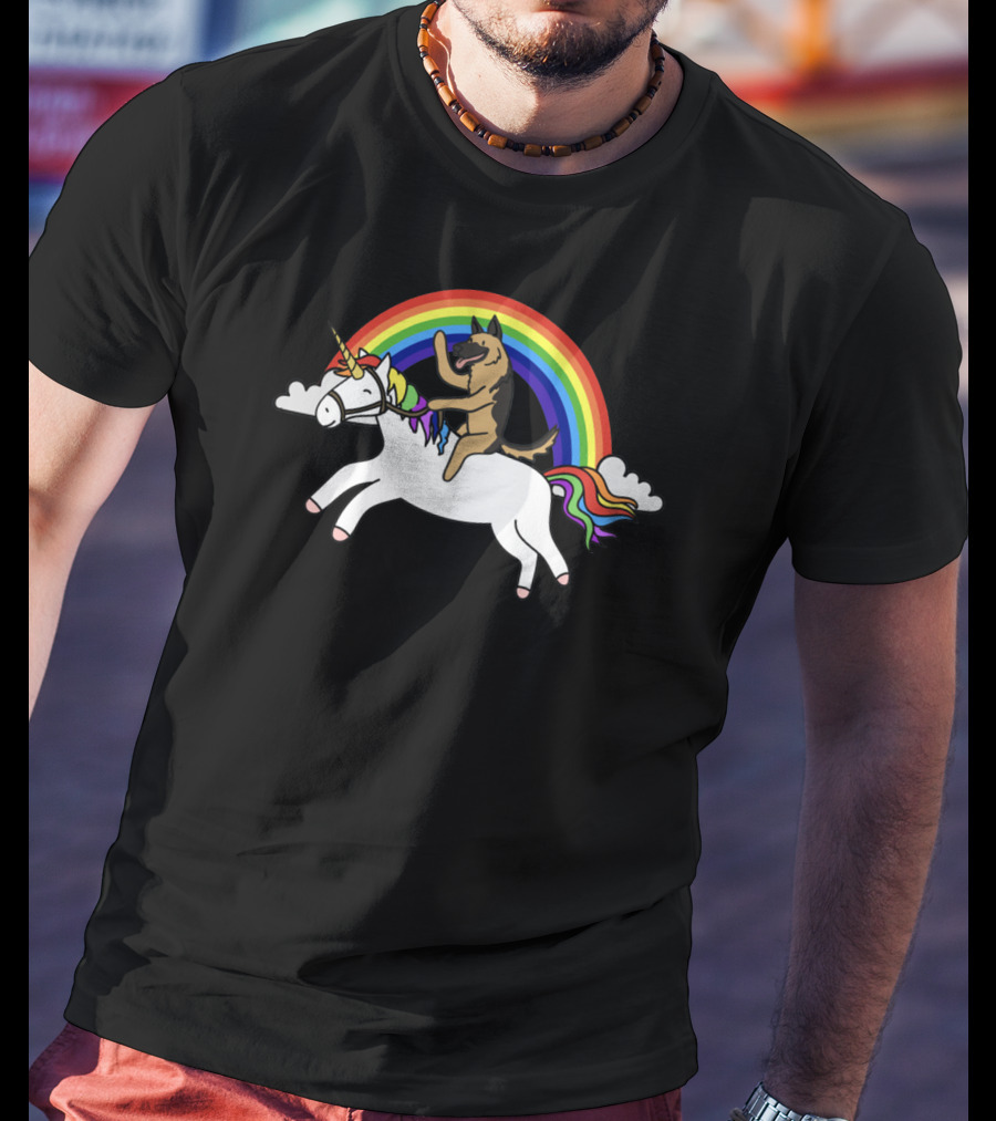 German Shepherd Joyfully Riding A Rainbow Unicorn With Clouds T-Shirt