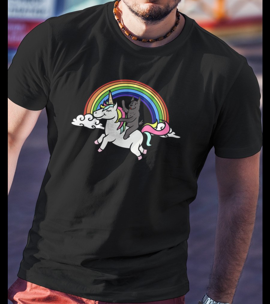 Scottie Dog Riding Unicorn With Rainbow In Clouds T-Shirt
