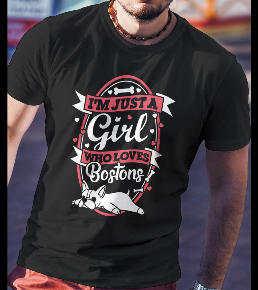 I'm Just A Girl Who Loves Bostons With Bones And Hearts Border T-Shirt