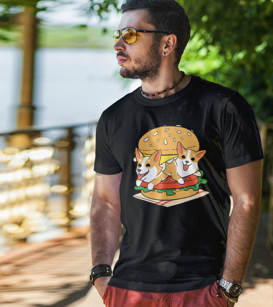Corgi Burger Delight Double Pup Cheeseburger Fun T-Shirt