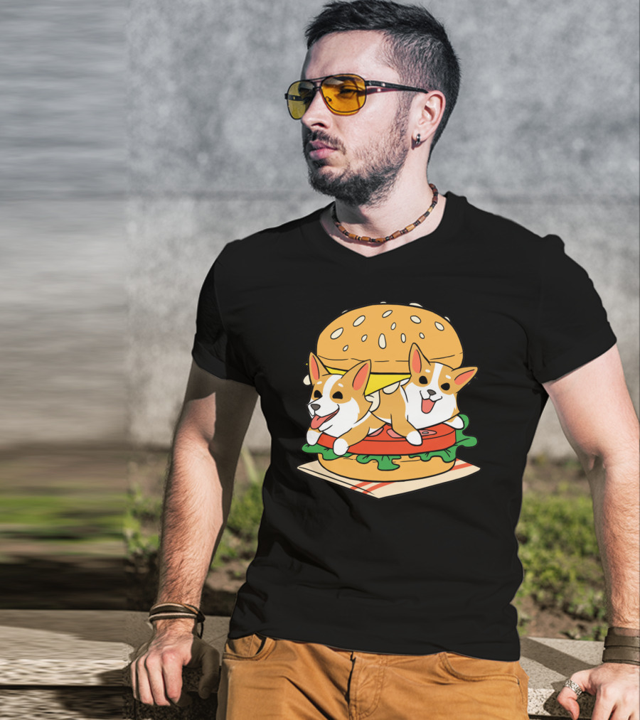 Corgi Burger Delight Double Pup Cheeseburger Fun T-Shirt