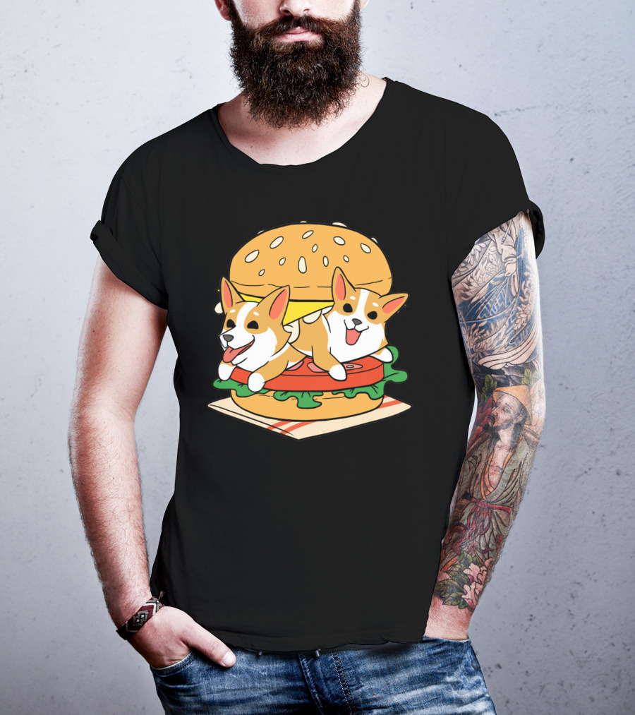Corgi Burger Delight Double Pup Cheeseburger Fun T-Shirt