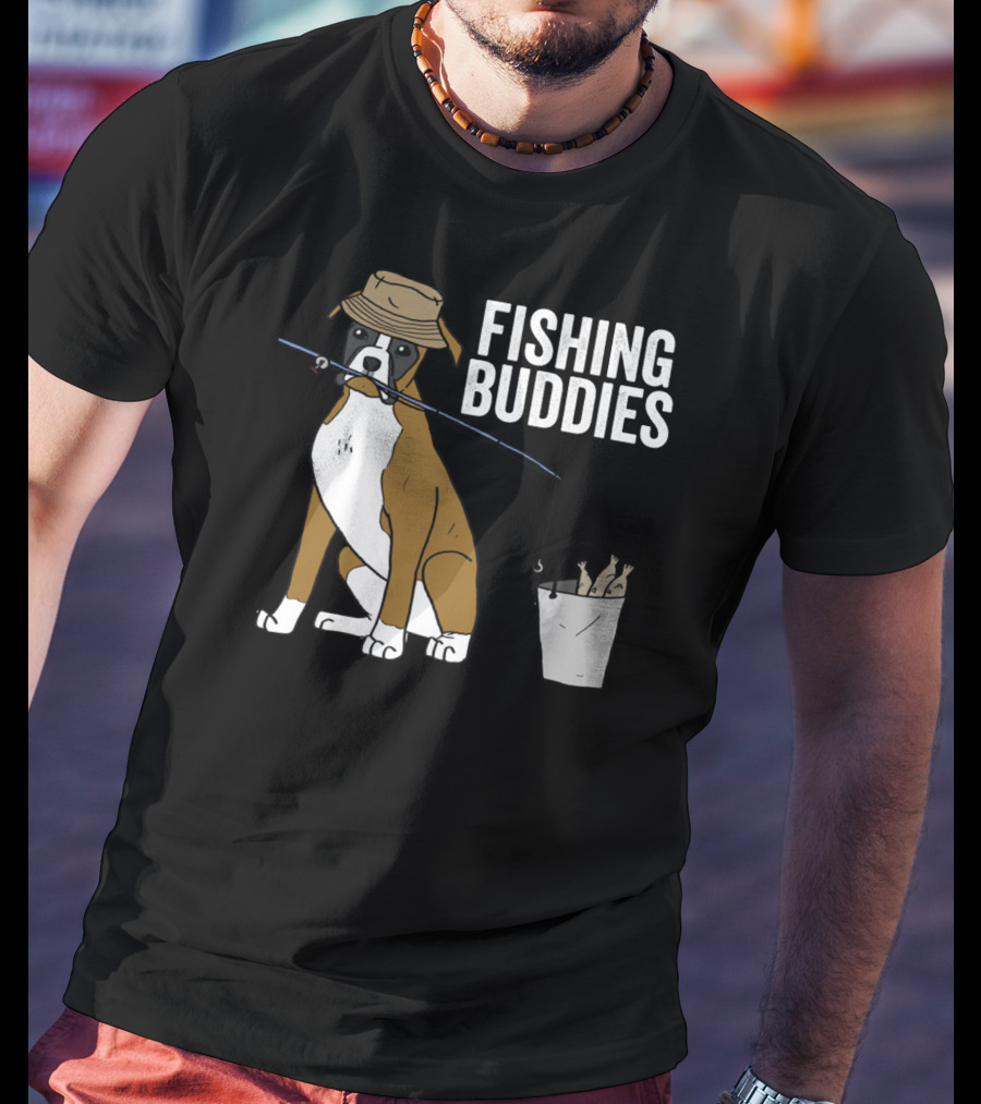 Boxer Dog Fishing Buddies Cartoon With Hat And Fishing Rod T-Shirt