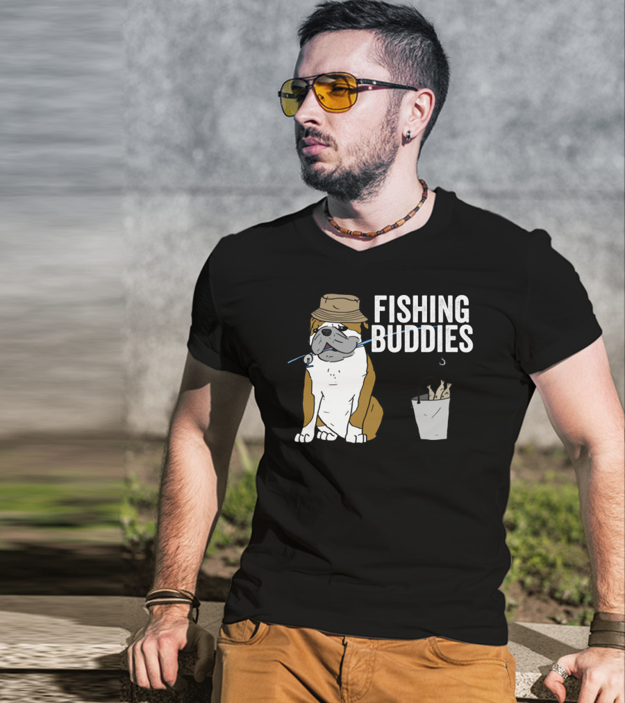 Bulldog Wearing Hat With Fishing Hook And Bucket - Fun Fishing Buddies T-Shirt