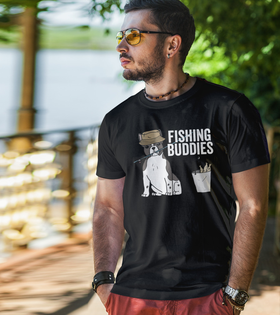 French Bulldog Fishing Buddies With Hat And Fish Bucket T-Shirt