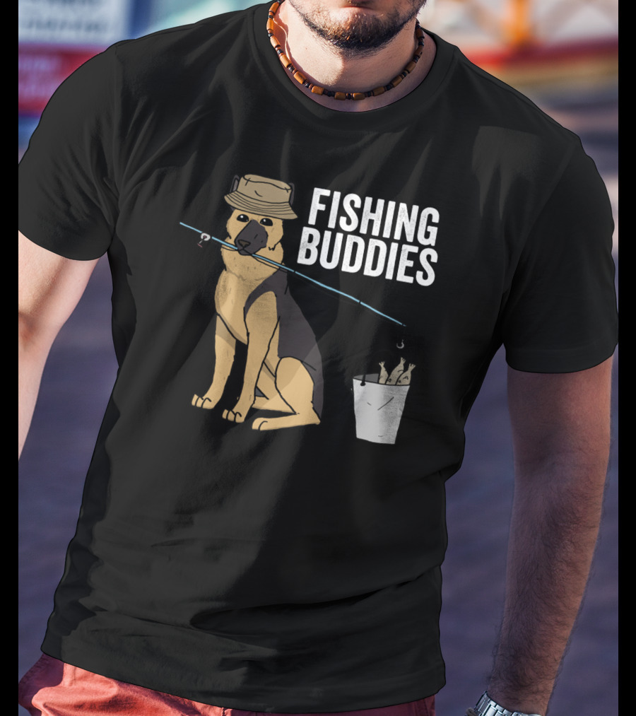 Fishing Buddies German Shepherd Bucket And Fishing Rod T-Shirt