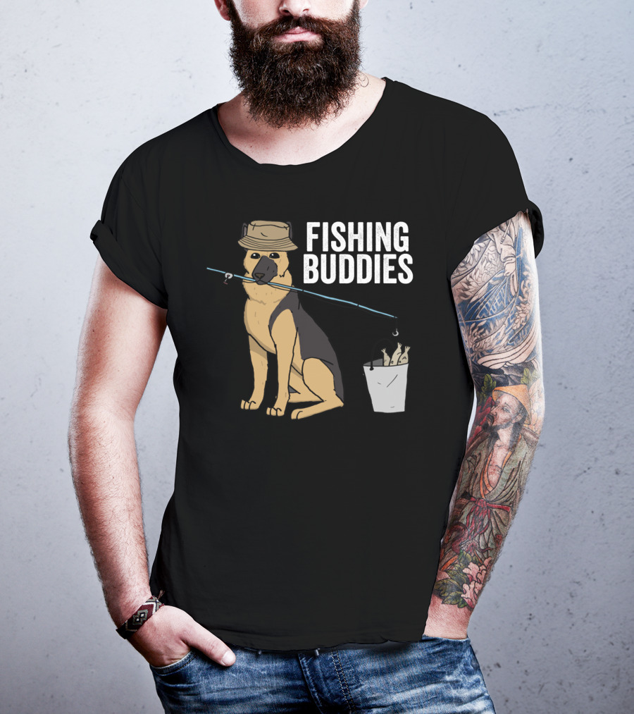 Fishing Buddies German Shepherd Bucket And Fishing Rod T-Shirt