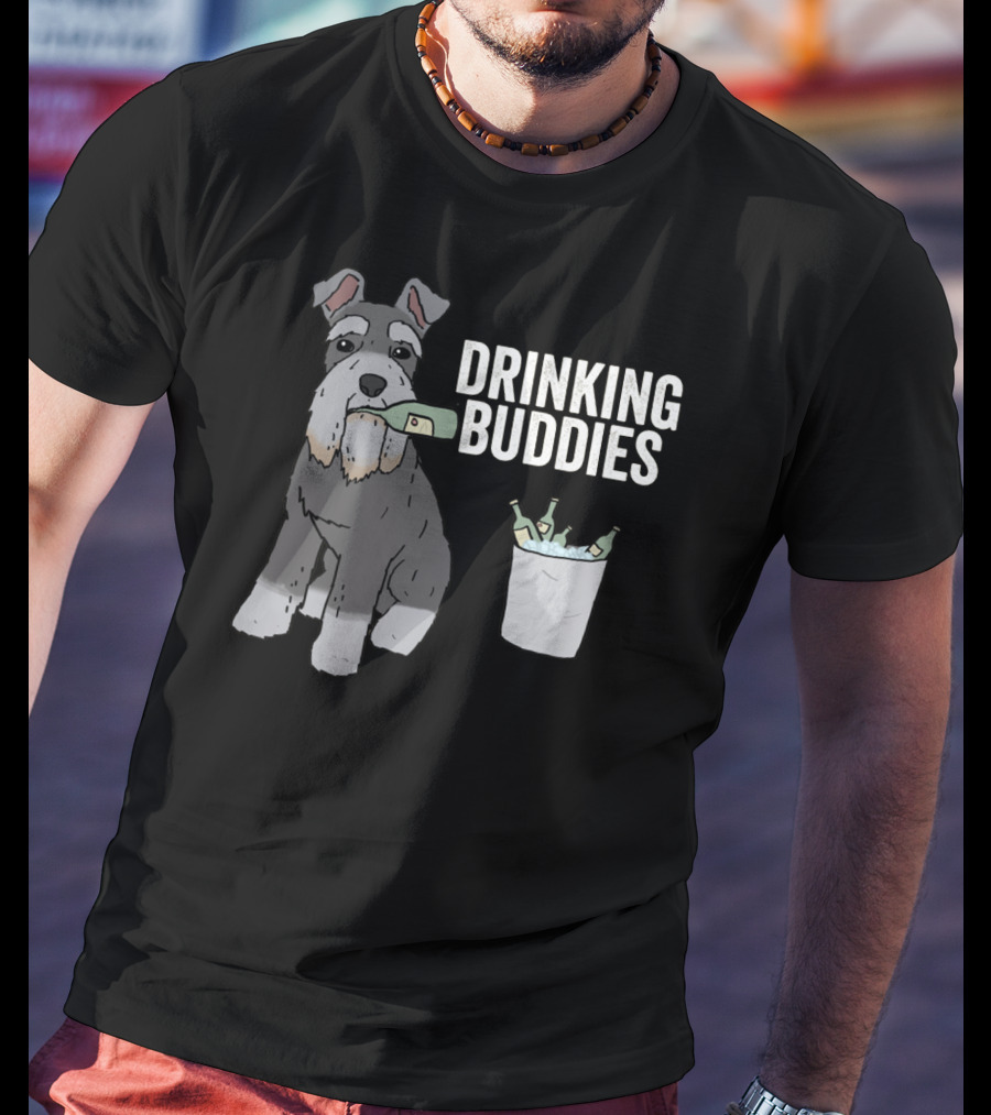 Schnauzer With Beer Bottle And Ice Bucket - Drinking Buddies T-Shirt