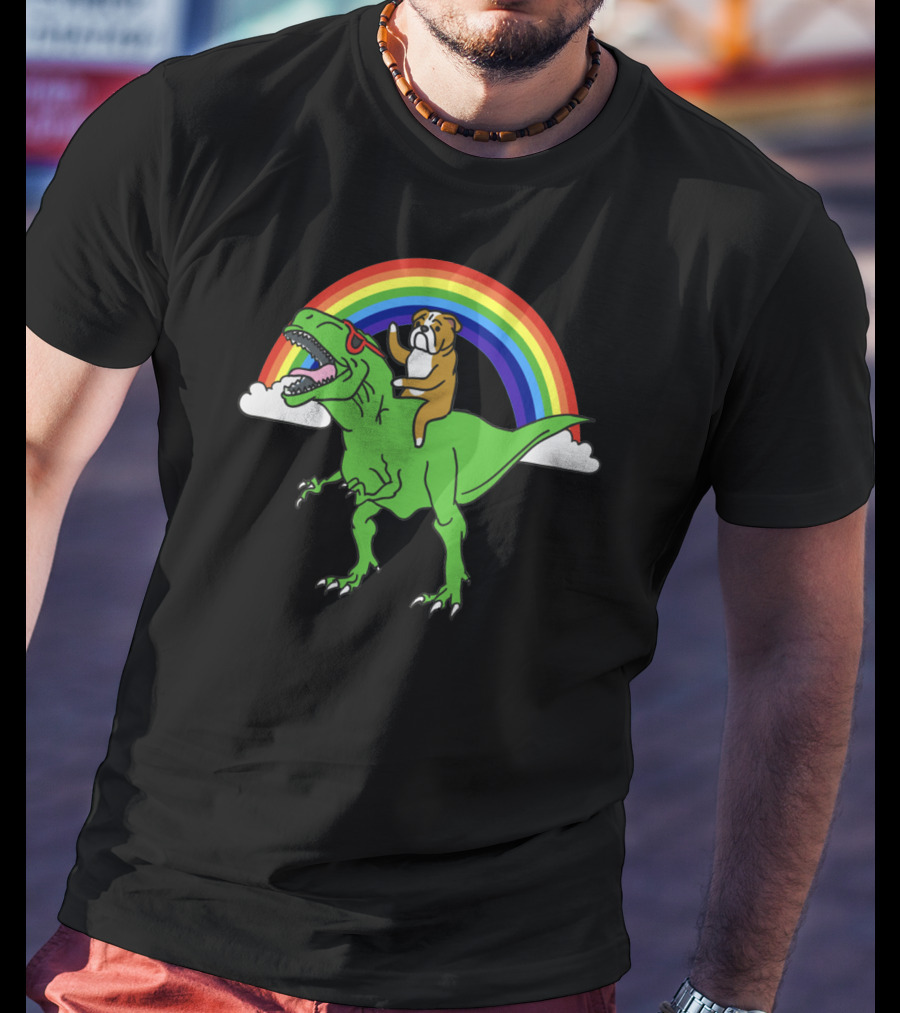 Bulldog Riding T-Rex With Rainbow And Sunglasses T-Shirt