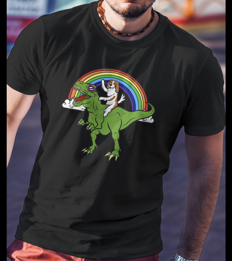 Cavalier Dinosaur With Dog And Rainbow T-Shirt