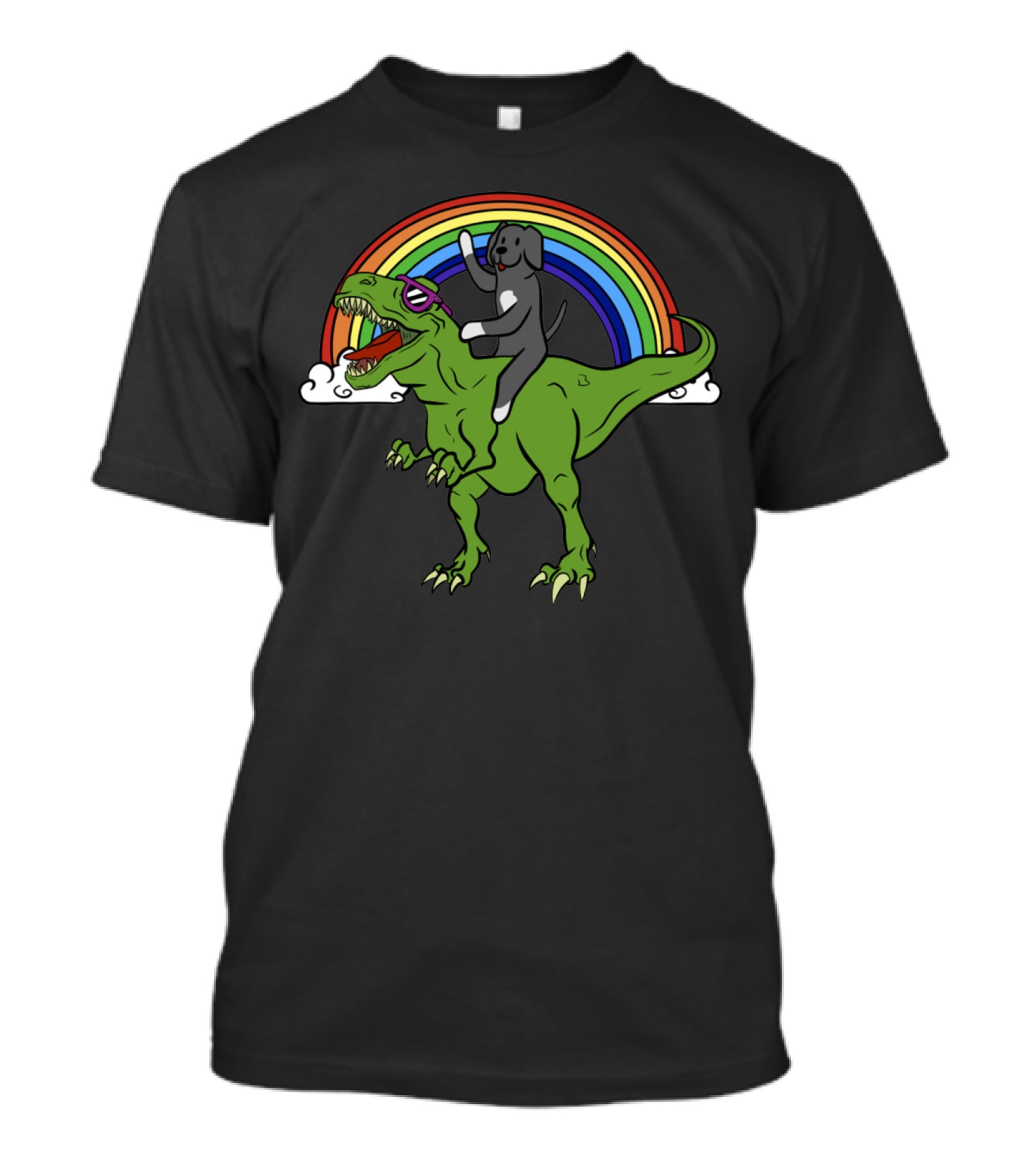 Great Dane Riding Dinosaur T-Rex With Rainbow Glasses T-Shirt