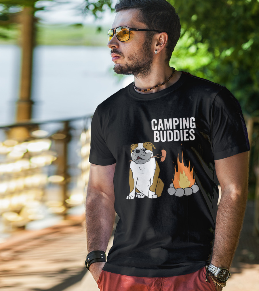 Bulldog Enjoying Campfire With Sausage And Camping Buddies T-Shirt