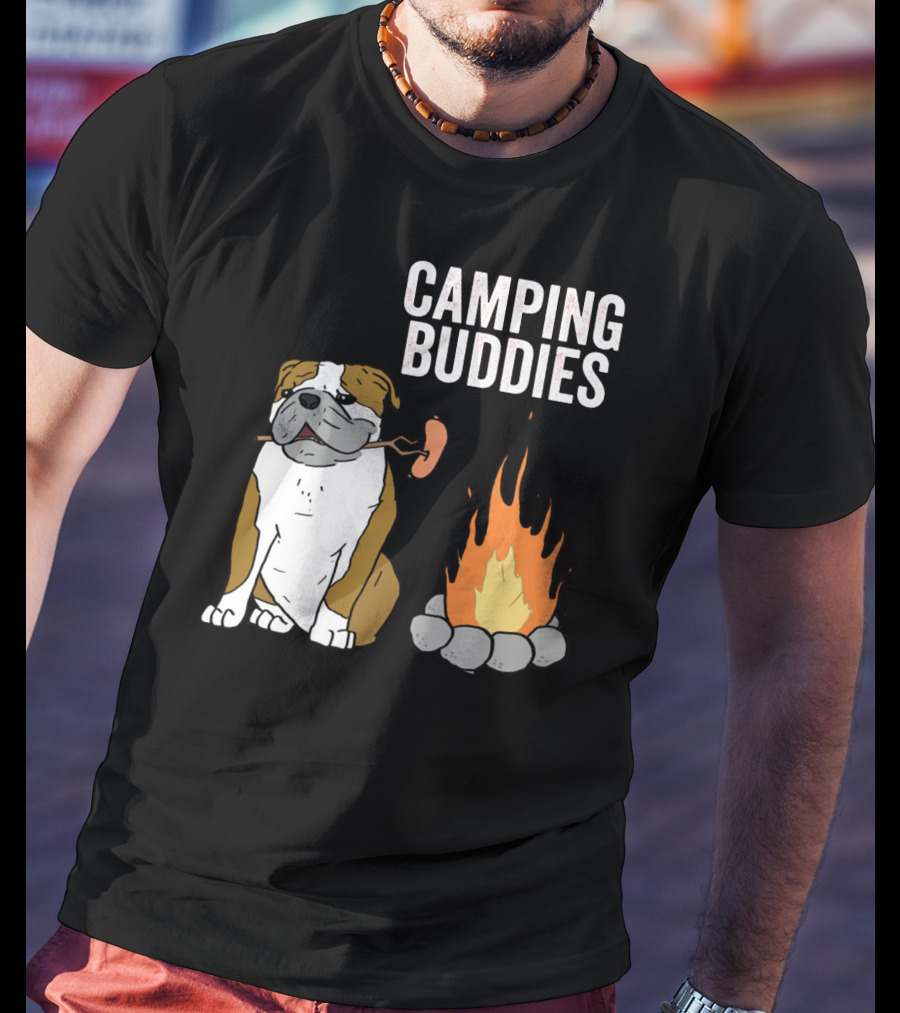 Bulldog Enjoying Campfire With Sausage And Camping Buddies T-Shirt