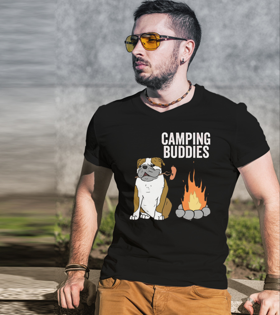 Bulldog Enjoying Campfire With Sausage And Camping Buddies T-Shirt