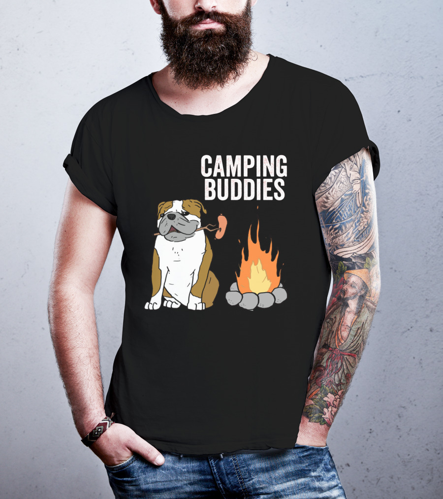 Bulldog Enjoying Campfire With Sausage And Camping Buddies T-Shirt