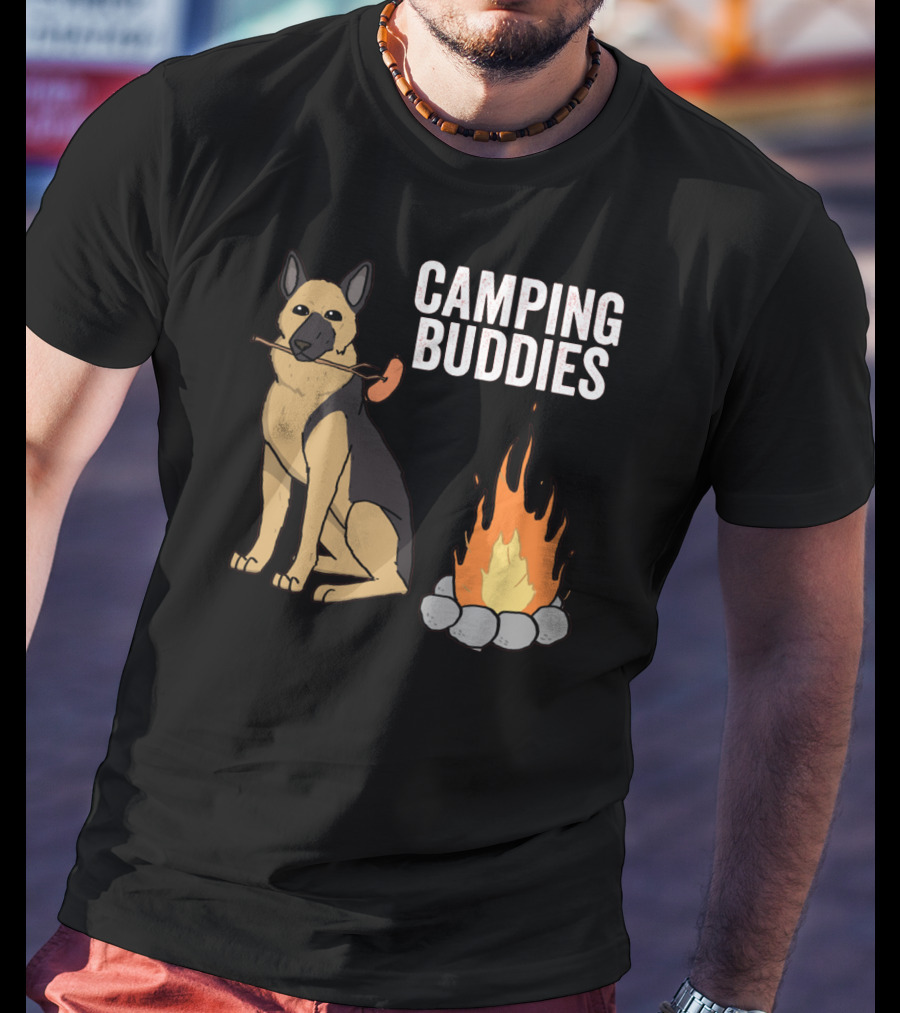 Camping Buddies German Shepherd Roasting By Campfire T-Shirt