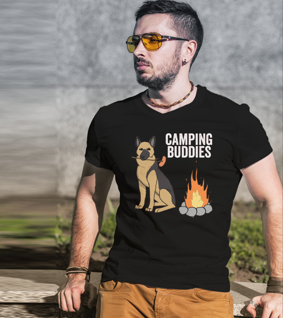 Camping Buddies German Shepherd Roasting By Campfire T-Shirt