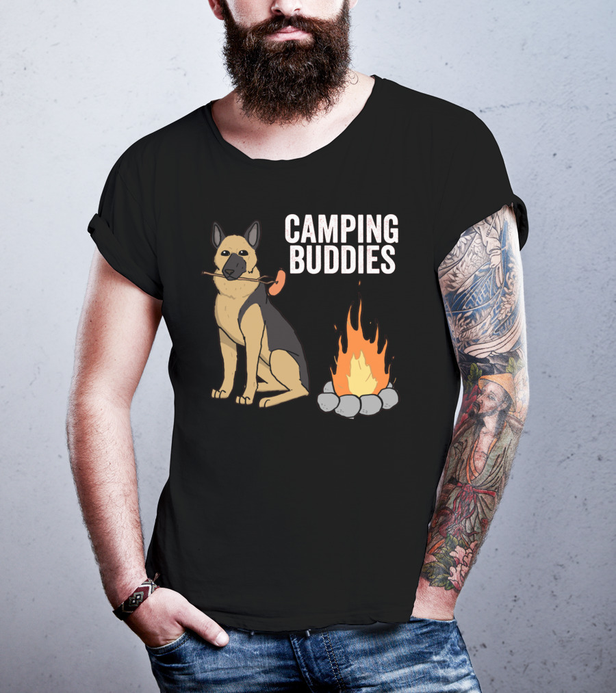 Camping Buddies German Shepherd Roasting By Campfire T-Shirt