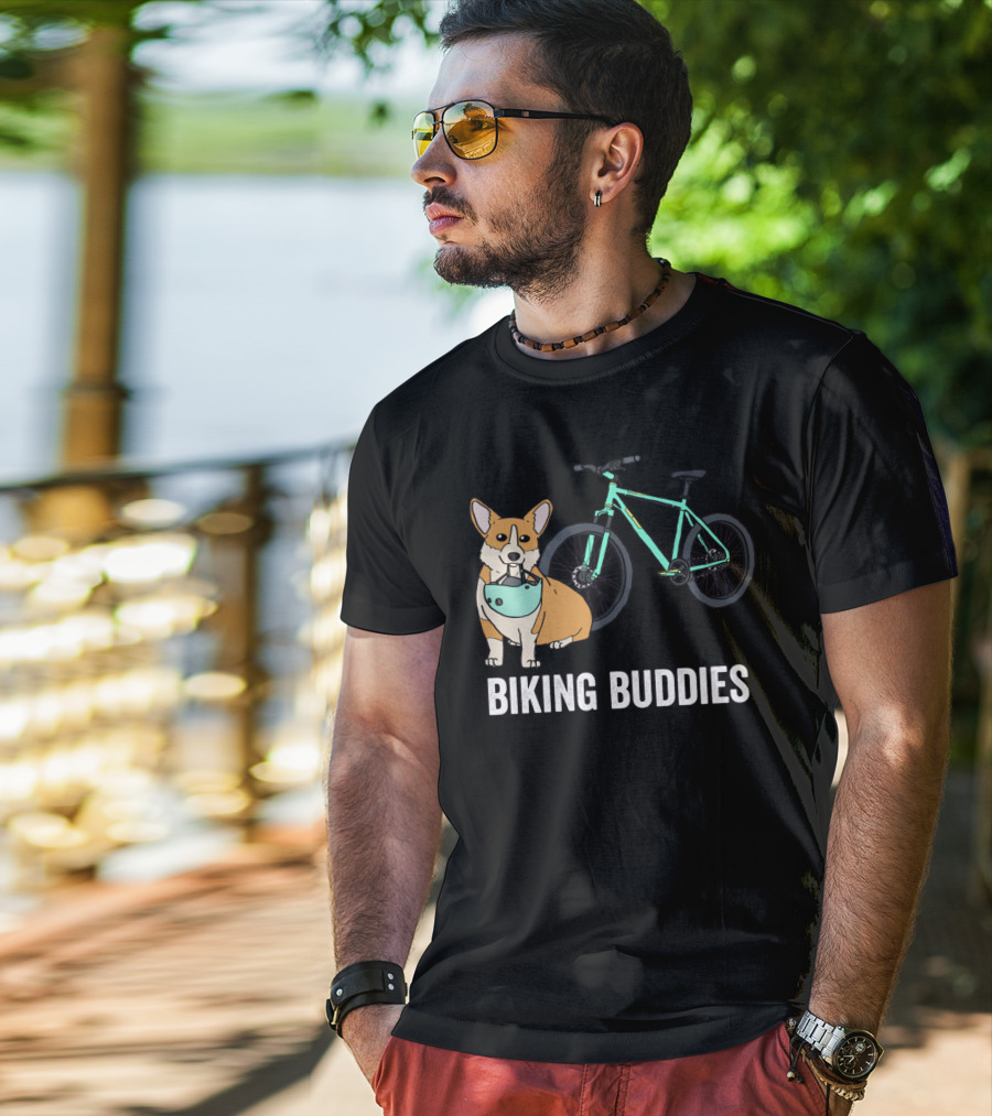 Corgi Biking Buddies With Bicycle Helmet And Mountain Bike T-Shirt