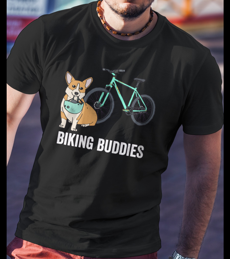 Corgi Biking Buddies With Bicycle Helmet And Mountain Bike T-Shirt