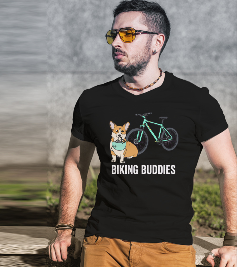 Corgi Biking Buddies With Bicycle Helmet And Mountain Bike T-Shirt