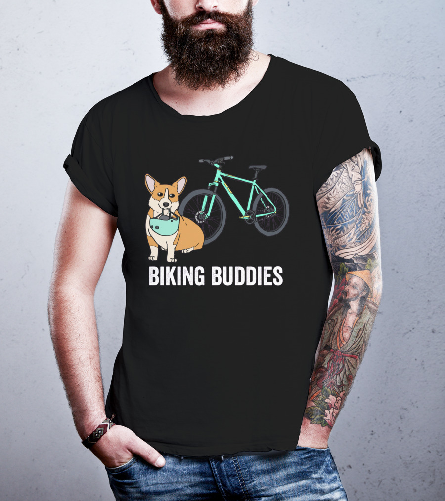 Corgi Biking Buddies With Bicycle Helmet And Mountain Bike T-Shirt