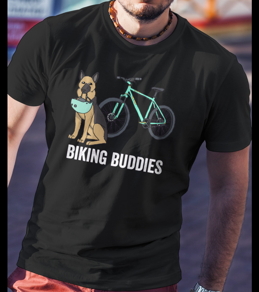 Biking Buddies German Shepherd With Bicycle Helmet And Bike T-Shirt